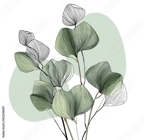 Delicate eucalyptus leaves in muted greens and greys, arranged in a loose bouquet. Abstract, elegant, and minimalist style, with thin line details.