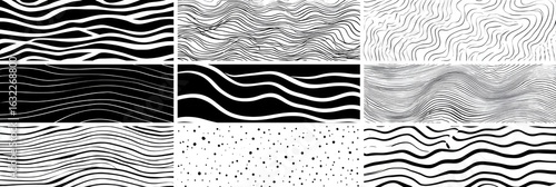 Abstract black and white patterns featuring wavy lines and textures