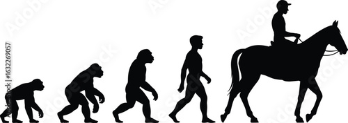 Evolution of man from ape to modern human riding horse, conceptual silhouette timeline showing growth, progress, and transformation