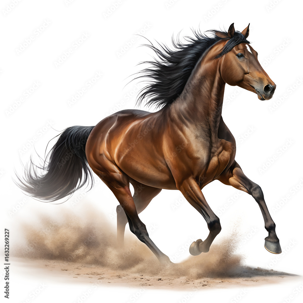 Obraz premium Majestic Stallion in Full Gallop: A powerful brown stallion strides gracefully across a dusty plain, its mane and tail flowing in the wind, embodying the spirit of freedom and untamed beauty.