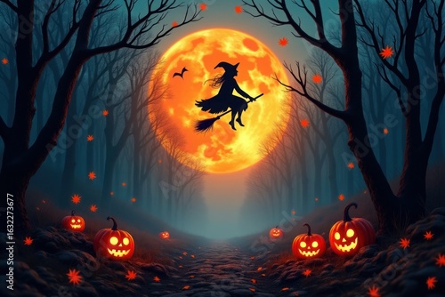 Spooky witch flies past giant moon over pumpkin patch