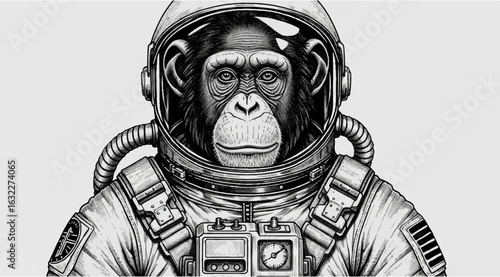 Chimpanzee astronaut in space suit engraving illustration on light background
