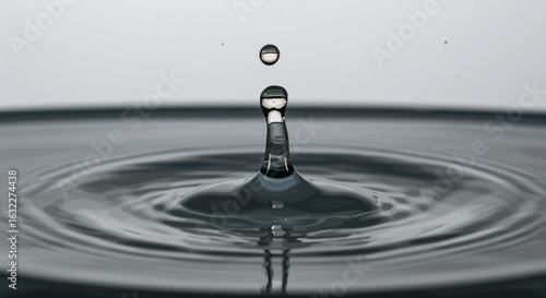 A water drop hitting water surface creating ripples and a rising column with another drop floating above