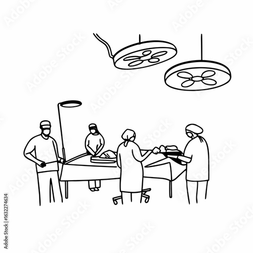 Skilled surgeons perform critical operation under bright lights