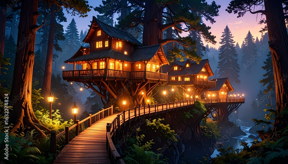 Fototapeta premium Magical treehouse retreat nestled in forest with glowing lights and scenic views at twilight.
