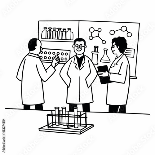 Scientists collaborate discussing research findings in a modern laboratory setting
