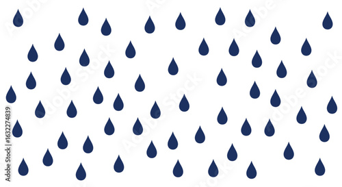 Many blue raindrops are sparsely scattered across a white surface creating a simple repetitive pattern