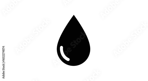 A black drop with a white reflection arc stands on a white background