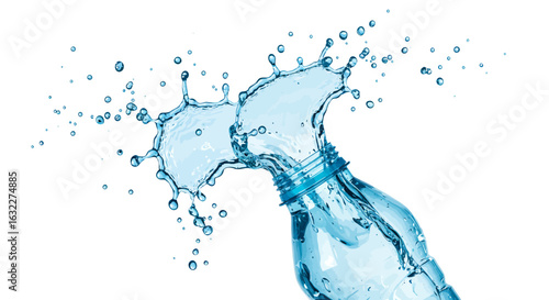 Plastic bottle with a splash of clear light blue water many water droplets against a plain white background