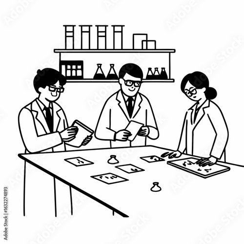 Scientists collaborate discussing research findings at a lab table with data