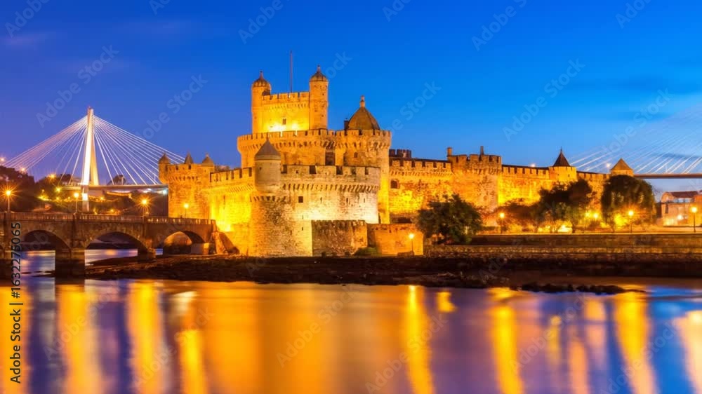 custom made wallpaper toronto digitalA nighttime view of a grand, illuminated castle near water, with a modern bridge and an old arch bridge visible. The water reflects the castle's glow