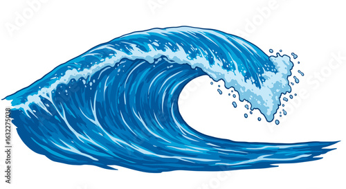 Cartoon wave crashing blue hues with foam and spray details against white