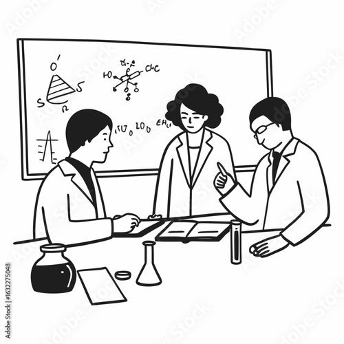 Scientists collaborate on research discussing chemistry formulas on whiteboard in laboratory