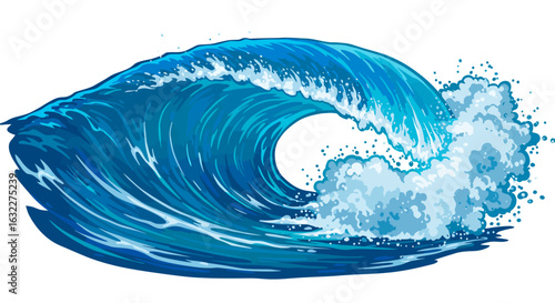 A large ocean wave crests and breaks producing sea foam and splashes against a white background
