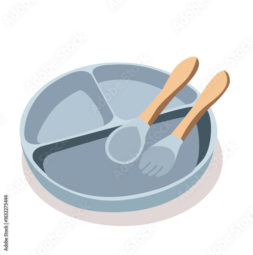 Children's plate.Special safe tableware for baby food. Plate, spill-proof cup, fork, 