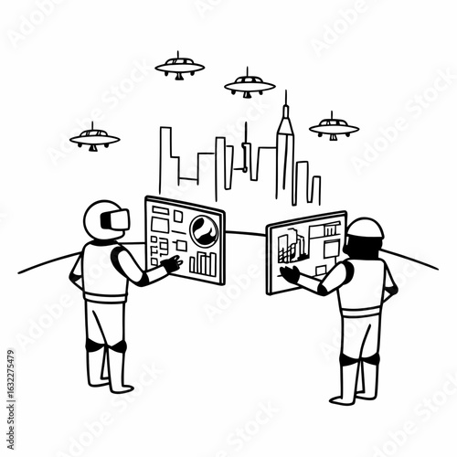 Futuristic cyborgs interact with holographic displays in a sci-fi cityscape