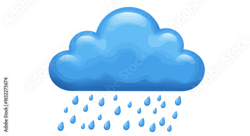 A cartoonstyle blue cloud is depicted with falling raindrops against a white background