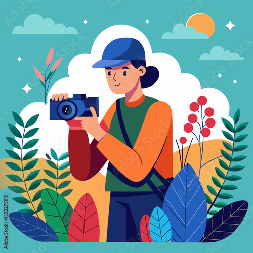 A photographer holding camera in nature vector illustration
