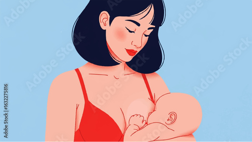 Modern illustration of mother breastfeeding newborn baby showing love and maternal care