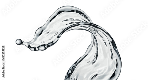 A stylized swirling stream of clear water with highlights and droplets against a white background
