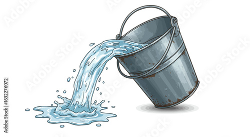 Water pouring from an old metal bucket creating a splash below
