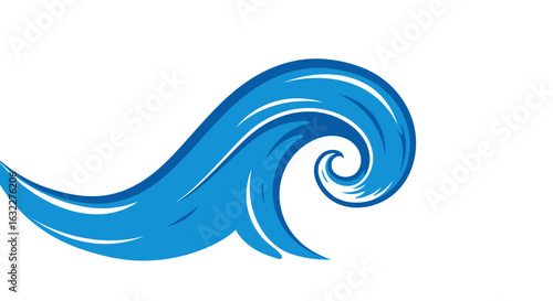 A stylized blue wave curls against a white background