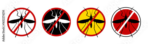No mosquito fly. Anti gnat or stop midge vector icon, insect repellent spray sign, bite forbidden red cross circle, insects danger and control warning symbol with mosquitoes silhouette. World Mosquito