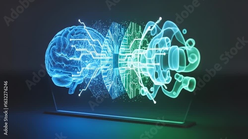 Holographic Representation Of A Human Brain Interacting With Digital Circuitry Displaying Blue And Green Colors Against Dark Background