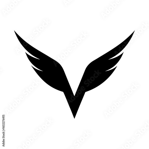 Letter V silhouette shaped like flying bird wings for abstract freedom logo design