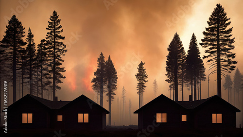 Destruction from wildfire is evident in this dramatic scene, showcasing silhouettes of houses surrounded by towering trees and smoke