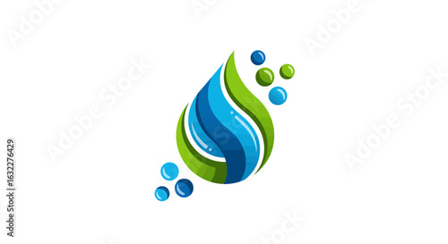 A blue water droplet encased in green leaf with surrounding blue and green bubbles