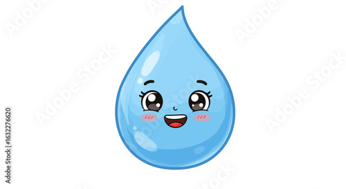 Cute light blue water droplet with a smiling face large eyes and rosy cheeks