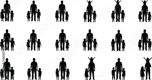 Black silhouette set of parent with two children, standing poses, shoulder lift variations, family bond vector collection, emotional gesture design