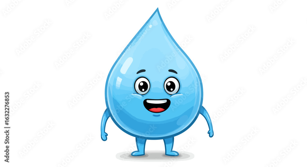 Fototapeta premium Cartoon water droplet with a cheerful face arms and legs set on a white background