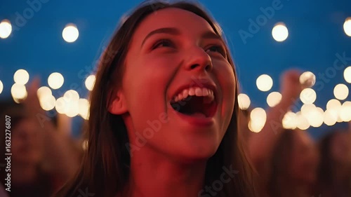 Excited young woman laughs with joy at a vibrant outdoor music festival or concert Captivating close up of a happy female enjoying live entertainment under fest