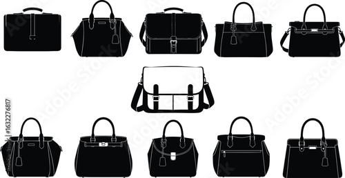 Black silhouette set of various handbags, briefcases, satchels, fashion accessories vector collection, stylish purse icons, elegant carry design elements