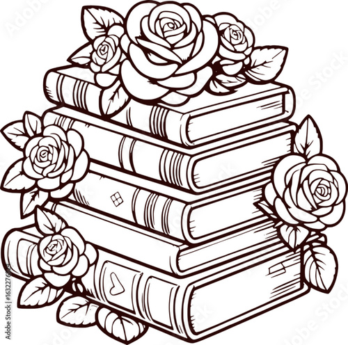 Romantic Book Stack with Roses and Decorative Floral Elements