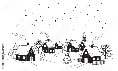 Snowy Village with Houses and Stars at Night, Cartoon vector Illustration
