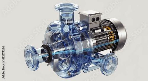 Transparent cutaway view of a centrifugal pump showcasing internal mechanisms and fluid flow.
