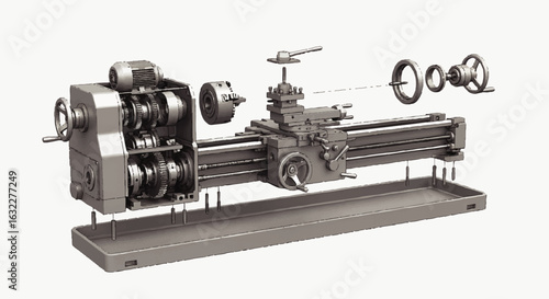 Exploded view of a precision lathe, showcasing its intricate internal components and mechanisms.