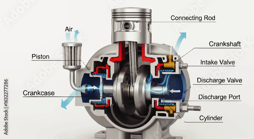 Detailed cutaway diagram of a reciprocating air compressor, showcasing internal components and airflow.