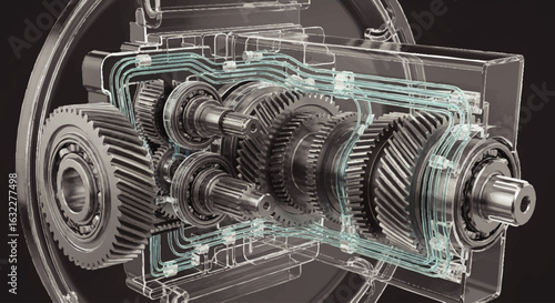 Cutaway view of a complex gear mechanism with multiple gears, shafts, and bearings, showcasing its internal workings.
