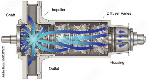 Cross-section diagram of a centrifugal compressor, illustrating air flow paths and components.