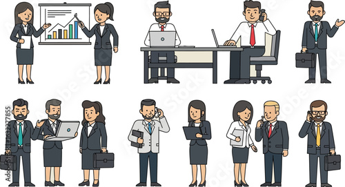 Cartoon illustration of business people in various office scenarios and professional activities