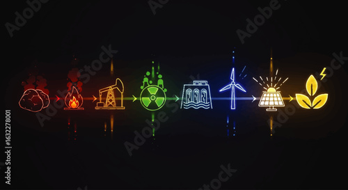 A colorful illustration showing different energy sources including fossil fuels, nuclear, wind, and solar, leading to plant growth.