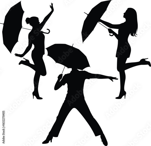 Silhouettes of people with umbrellas jumping and posing in rain, joyful playful scene, high heels, dancing in weather