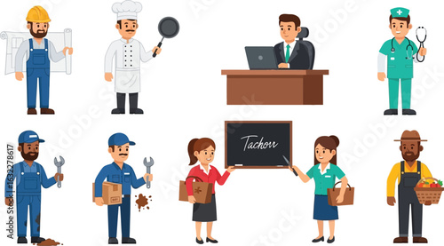 Diverse cartoon professions including construction worker chef businessman doctor and other occupations