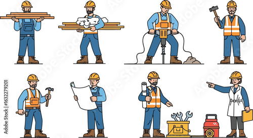 Illustrations of construction workers in various poses and with different tools on a white background