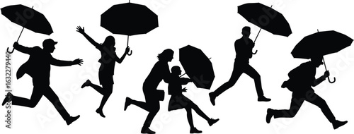 Silhouettes of people running with umbrellas in rain, adults and children, jumping, wet weather, stormy day, bad weather scene