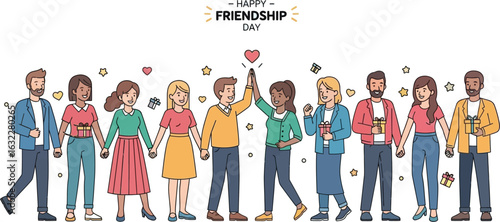 Group of diverse friends celebrating friendship day holding hands and exchanging gifts with a light background